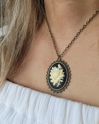 Rose Cameo Necklace, Classic Victorian Theme Pendant, Elegant Evening Gown Accessory, Vintage Inspired Design, Antique Style Jewelry