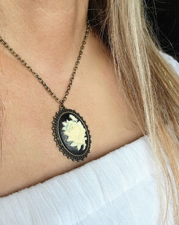 Rose Cameo Necklace, Classic Victorian Theme Pendant, Elegant Evening Gown Accessory, Vintage Inspired Design, Antique Style Jewelry