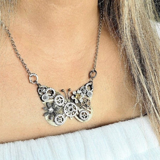 Butterfly Steampunk Necklace, Handcrafted Industrial Design Jewelry