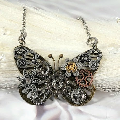 Butterfly Steampunk Necklace, Handcrafted Industrial Design Jewelry