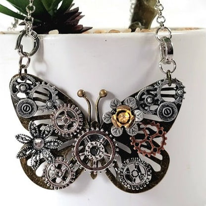 Butterfly Steampunk Necklace, Handcrafted Industrial Design Jewelry