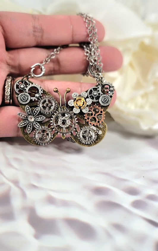 Butterfly Steampunk Necklace, Handcrafted Industrial Design Jewelry