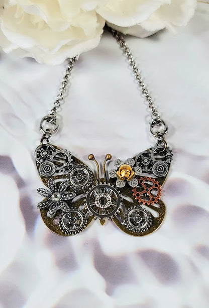 Butterfly Steampunk Necklace, Handcrafted Industrial Design Jewelry