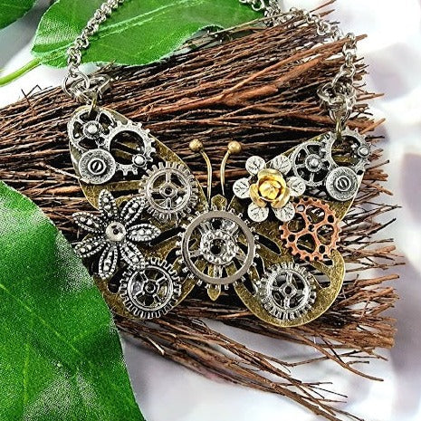 Butterfly Steampunk Necklace, Handcrafted Industrial Design Jewelry