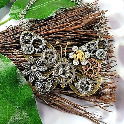 Butterfly Steampunk Necklace, Handcrafted Industrial Design Jewelry