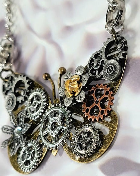 Butterfly Steampunk Necklace, Handcrafted Industrial Design Jewelry