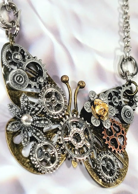 Butterfly Steampunk Necklace, Handcrafted Industrial Design Jewelry