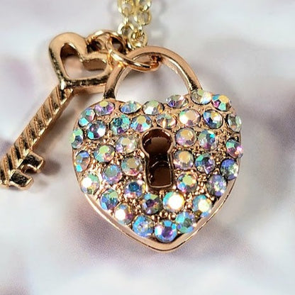 Golden Key to My Heart Necklace, Elegant Rhinestone Pendant, Romantic Gift Jewelry