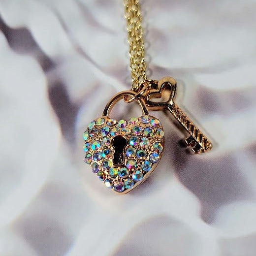 Golden Key to My Heart Necklace, Elegant Rhinestone Pendant, Romantic Gift Jewelry