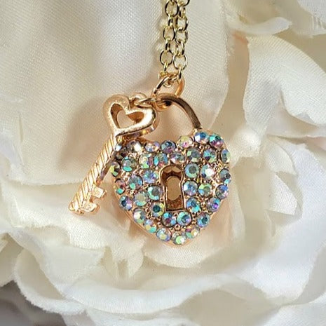 Golden Key to My Heart Necklace, Elegant Rhinestone Pendant, Romantic Gift Jewelry