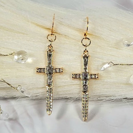 Sparkling Gold Dagger Earrings, Bold Long Dangle, Edgy Shimmering Jewelry, Unique Religious Gold Sword Pendants, Faith Based Spiritual Accessory