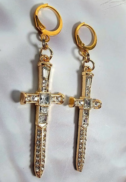 Sparkling Gold Dagger Earrings, Bold Long Dangle, Edgy Shimmering Jewelry, Unique Religious Gold Sword Pendants, Faith Based Spiritual Accessory