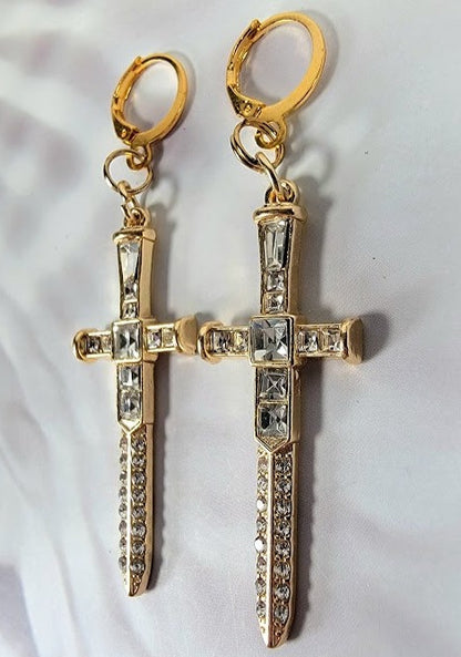 Sparkling Gold Dagger Earrings, Bold Long Dangle, Edgy Shimmering Jewelry, Unique Religious Gold Sword Pendants, Faith Based Spiritual Accessory