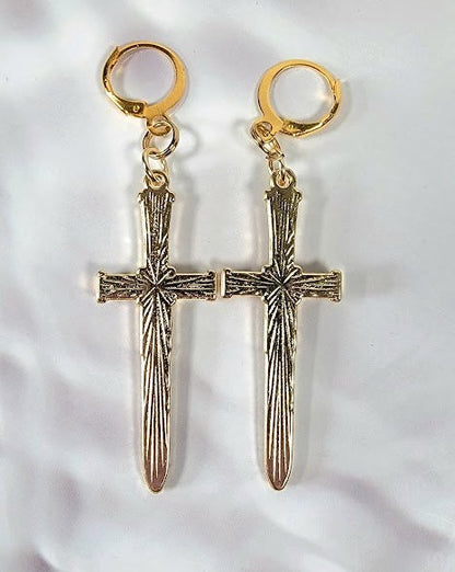 Sparkling Gold Dagger Earrings, Bold Long Dangle, Edgy Shimmering Jewelry, Unique Religious Gold Sword Pendants, Faith Based Spiritual Accessory