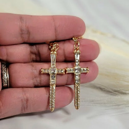 Sparkling Gold Dagger Earrings, Bold Long Dangle, Edgy Shimmering Jewelry, Unique Religious Gold Sword Pendants, Faith Based Spiritual Accessory