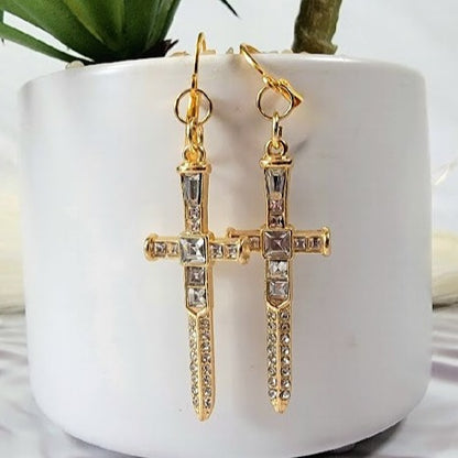 Sparkling Gold Dagger Earrings, Bold Long Dangle, Edgy Shimmering Jewelry, Unique Religious Gold Sword Pendants, Faith Based Spiritual Accessory