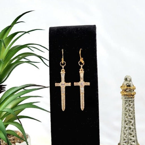 Sparkling Gold Dagger Earrings, Bold Long Dangle, Edgy Shimmering Jewelry, Unique Religious Gold Sword Pendants, Faith Based Spiritual Accessory