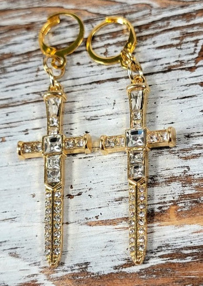 Sparkling Gold Dagger Earrings, Bold Long Dangle, Edgy Shimmering Jewelry, Unique Religious Gold Sword Pendants, Faith Based Spiritual Accessory