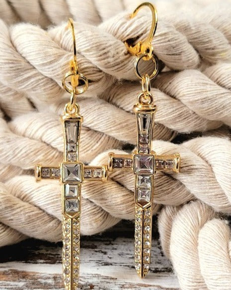 Sparkling Gold Dagger Earrings, Bold Long Dangle, Edgy Shimmering Jewelry, Unique Religious Gold Sword Pendants, Faith Based Spiritual Accessory