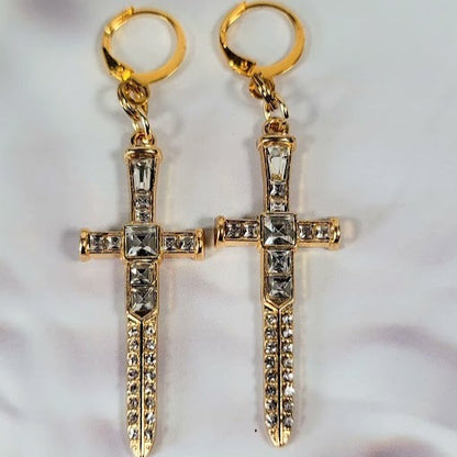 Sparkling Gold Dagger Earrings, Bold Long Dangle, Edgy Shimmering Jewelry, Unique Religious Gold Sword Pendants, Faith Based Spiritual Accessory