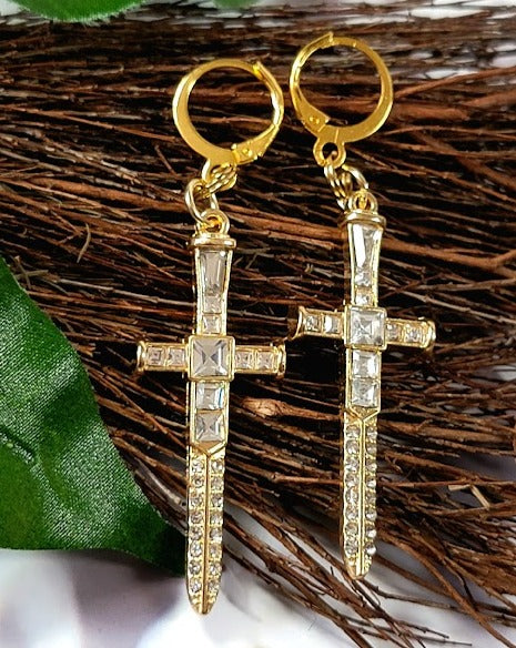 Sparkling Gold Dagger Earrings, Bold Long Dangle, Edgy Shimmering Jewelry, Unique Religious Gold Sword Pendants, Faith Based Spiritual Accessory