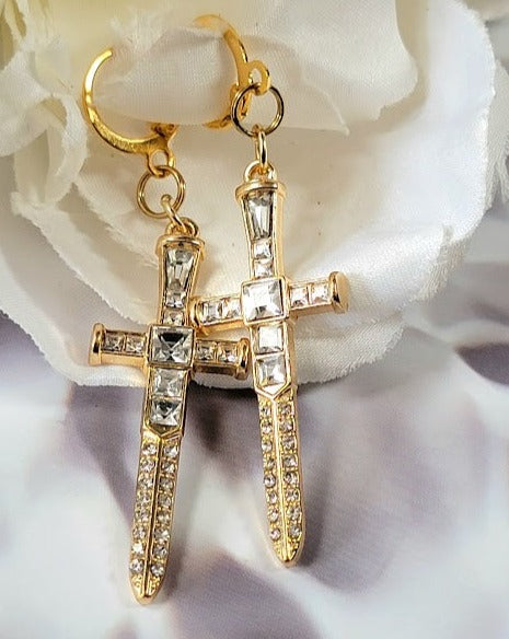 Sparkling Gold Dagger Earrings, Bold Long Dangle, Edgy Shimmering Jewelry, Unique Religious Gold Sword Pendants, Faith Based Spiritual Accessory