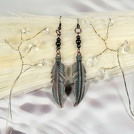 Trendy Green Patina Feather Earring, Aged Finish Dangle, Nature Inspired Jewelry, Rustic Leaf Dangle, Bohemian Style Accessory