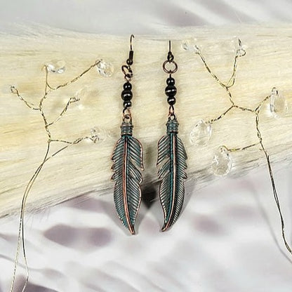 Trendy Green Patina Feather Earring, Aged Finish Dangle, Nature Inspired Jewelry, Rustic Leaf Dangle, Bohemian Style Accessory