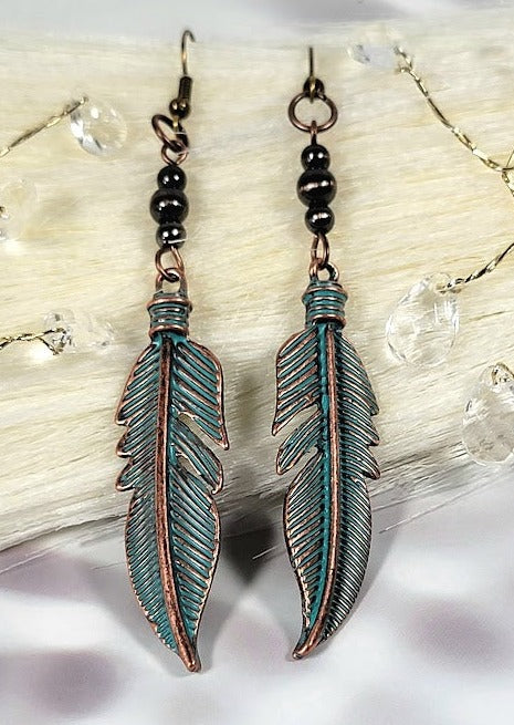 Trendy Green Patina Feather Earring, Aged Finish Dangle, Nature Inspired Jewelry, Rustic Leaf Dangle, Bohemian Style Accessory