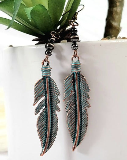 Trendy Green Patina Feather Earring, Aged Finish Dangle, Nature Inspired Jewelry, Rustic Leaf Dangle, Bohemian Style Accessory