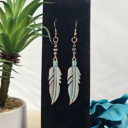 Trendy Green Patina Feather Earring, Aged Finish Dangle, Nature Inspired Jewelry, Rustic Leaf Dangle, Bohemian Style Accessory