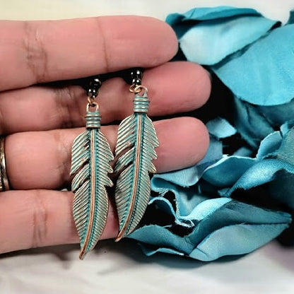 Trendy Green Patina Feather Earring, Aged Finish Dangle, Nature Inspired Jewelry, Rustic Leaf Dangle, Bohemian Style Accessory