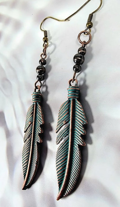 Trendy Green Patina Feather Earring, Aged Finish Dangle, Nature Inspired Jewelry, Rustic Leaf Dangle, Bohemian Style Accessory