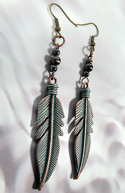 Trendy Green Patina Feather Earring, Aged Finish Dangle, Nature Inspired Jewelry, Rustic Leaf Dangle, Bohemian Style Accessory