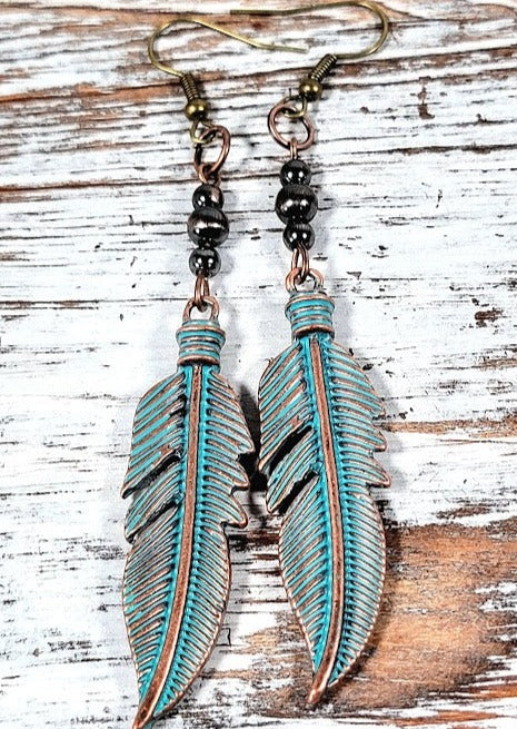 Trendy Green Patina Feather Earring, Aged Finish Dangle, Nature Inspired Jewelry, Rustic Leaf Dangle, Bohemian Style Accessory