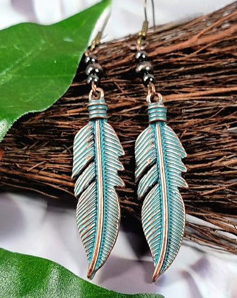 Trendy Green Patina Feather Earring, Aged Finish Dangle, Nature Inspired Jewelry, Rustic Leaf Dangle, Bohemian Style Accessory