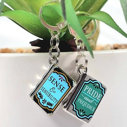 Jane Austin Tribute Earrings, English Literature Dangle, Classic Novel Jewelry, Bibliophile Mismatched Earring