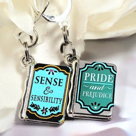 Jane Austin Tribute Earrings, English Literature Dangle, Classic Novel Jewelry, Bibliophile Mismatched Earring