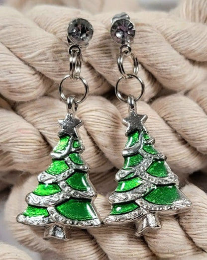 Miniature Green Christmas Tree Earrings, Festive Holiday Dangle