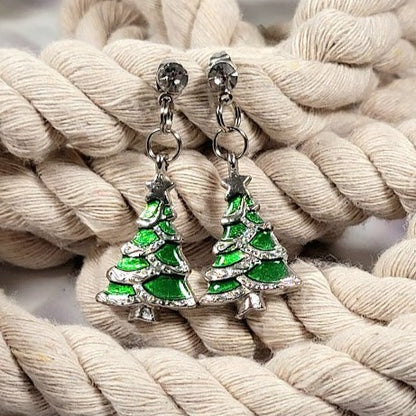 Miniature Green Christmas Tree Earrings, Festive Holiday Dangle