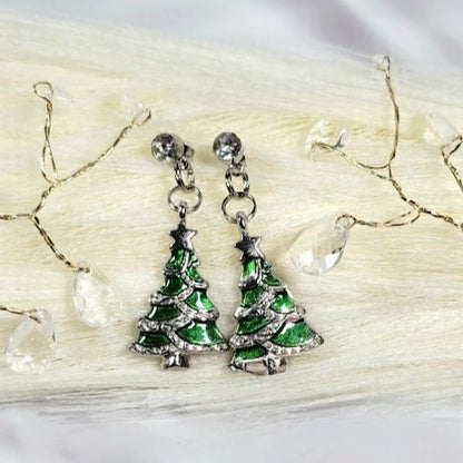 Miniature Green Christmas Tree Earrings, Festive Holiday Dangle