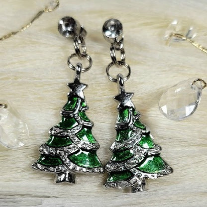 Miniature Green Christmas Tree Earrings, Festive Holiday Dangle