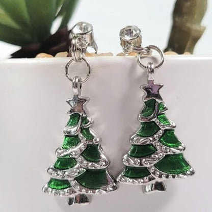 Miniature Green Christmas Tree Earrings, Festive Holiday Dangle