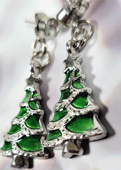 Miniature Green Christmas Tree Earrings, Festive Holiday Dangle