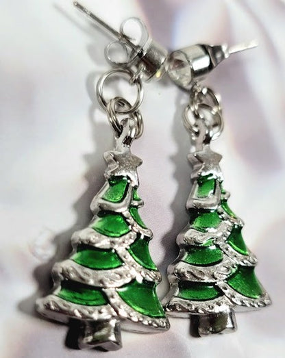 Miniature Green Christmas Tree Earrings, Festive Holiday Dangle