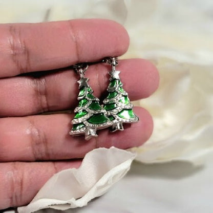 Miniature Green Christmas Tree Earrings, Festive Holiday Dangle