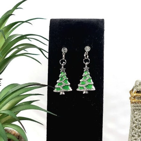 Miniature Green Christmas Tree Earrings, Festive Holiday Dangle