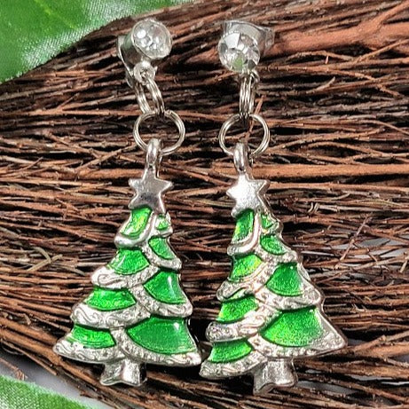 Miniature Green Christmas Tree Earrings, Festive Holiday Dangle