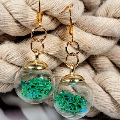 Green Confetti in Miniature Globe Earrings, Festive Christmas Party Dangle