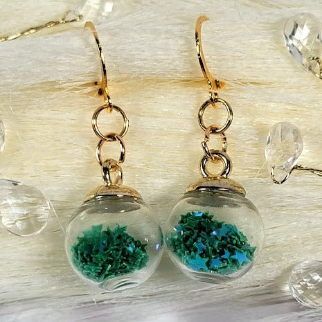 Green Confetti in Miniature Globe Earrings, Festive Christmas Party Dangle